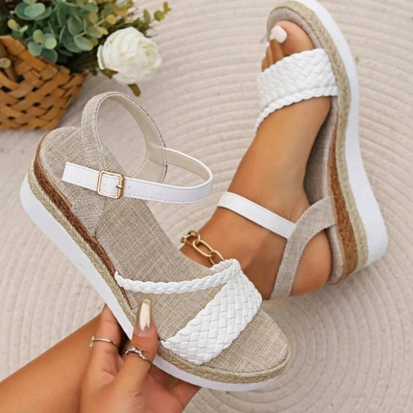 Strap Wedge Thick Platform Sandals With Jute Bottom And Cross Strap - Picture 1 of 6